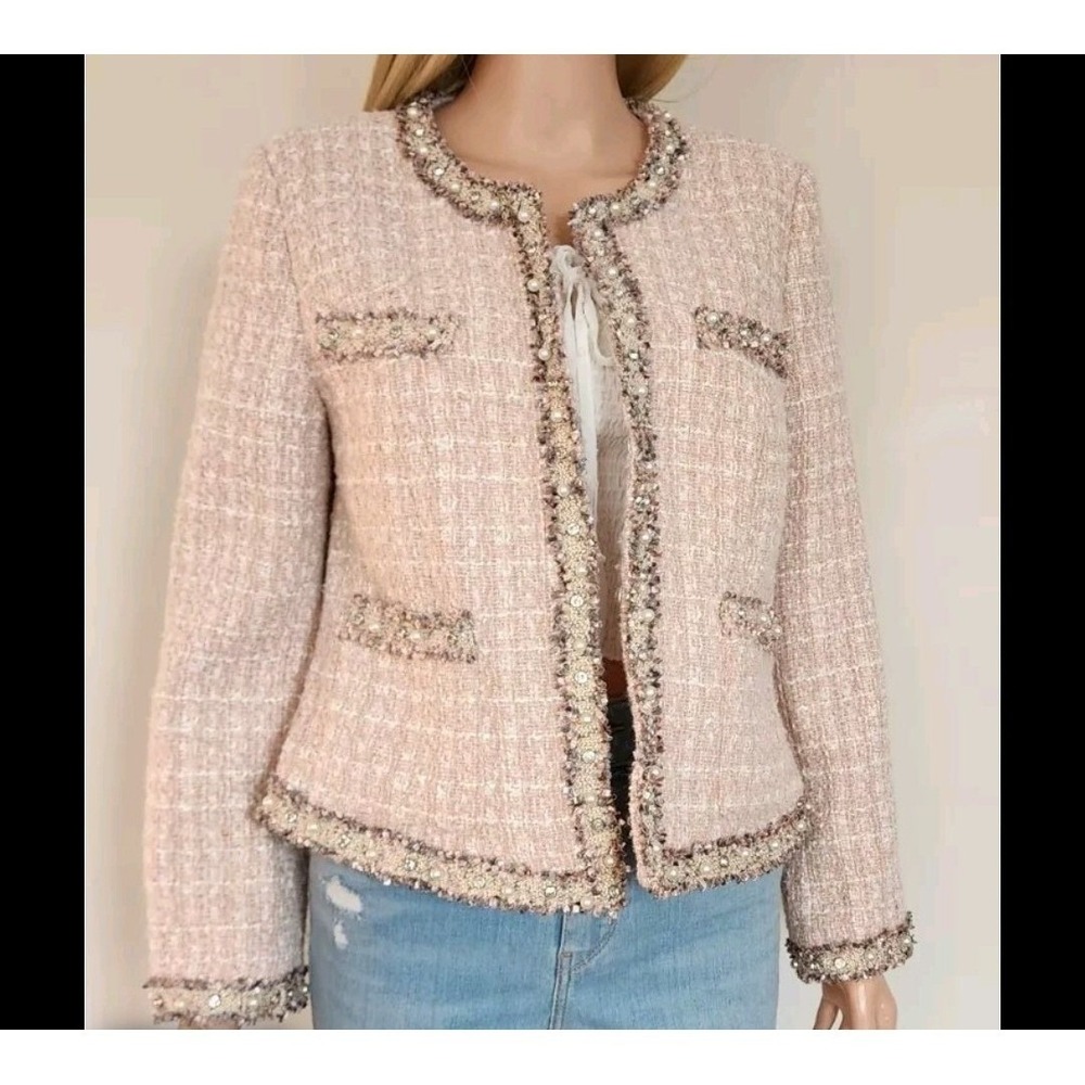 Stella + Lorenzo Pink Tweed Jacket Pearl Rhinestone Embellished Blazer Sz M NEW